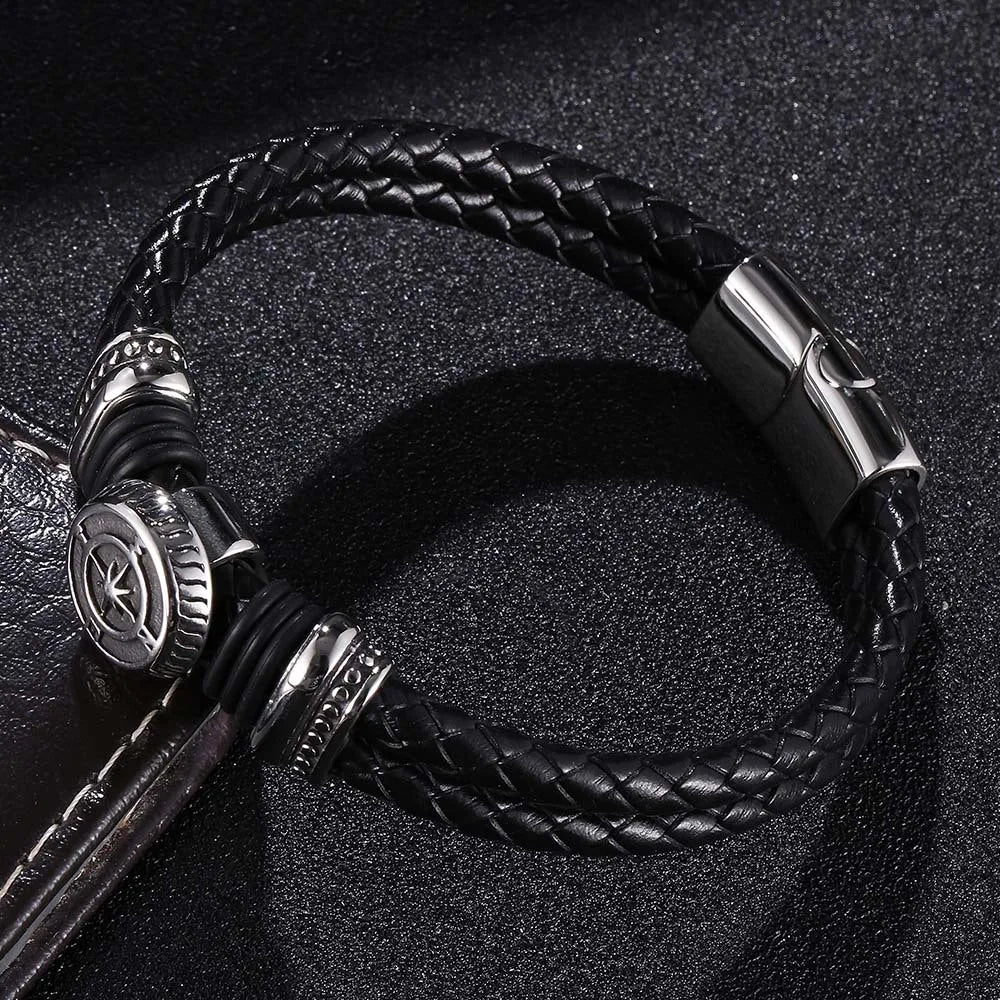 Men’s Double Leather Viking Bracelet with Compass Charm – Stainless Steel Clasp