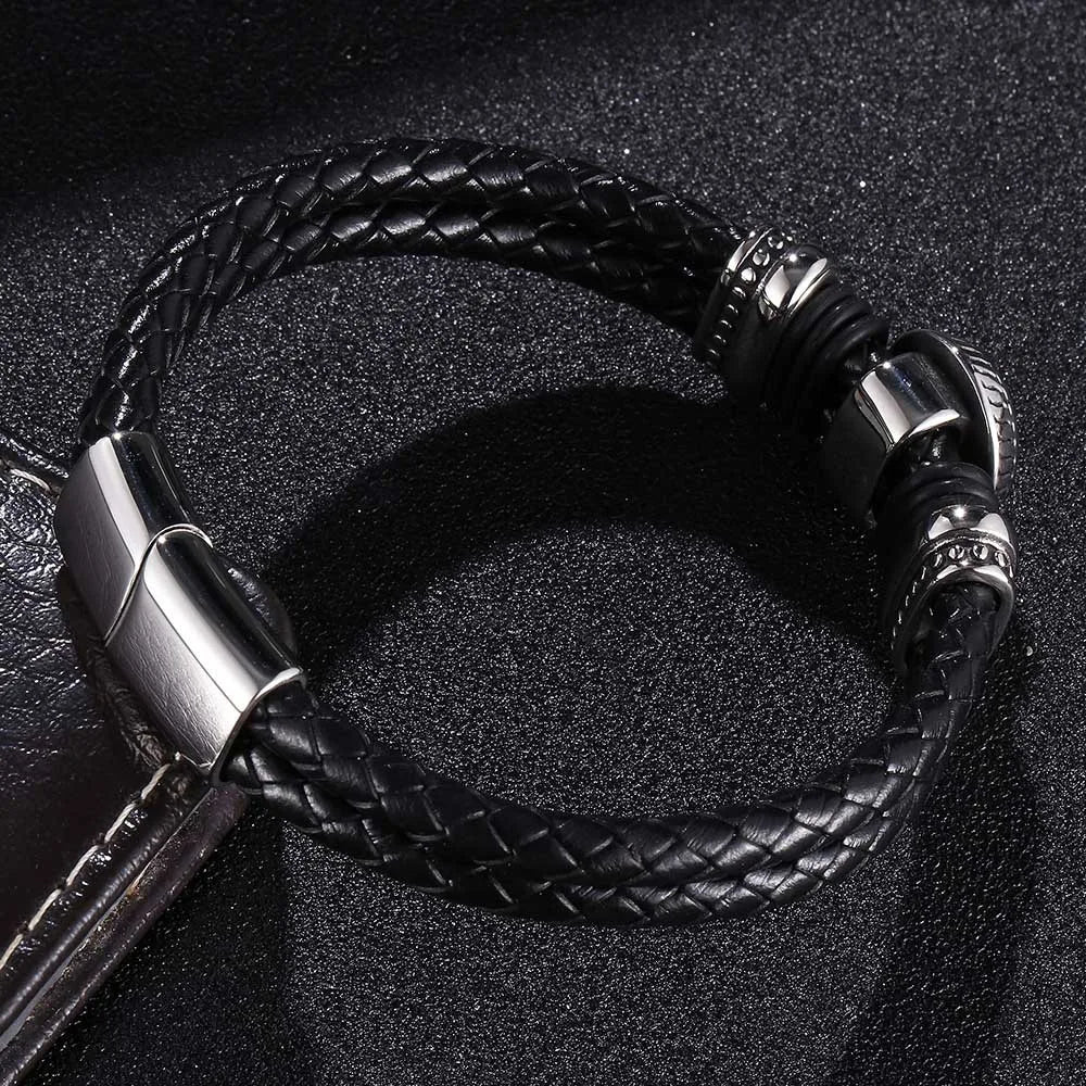 Men’s Double Leather Viking Bracelet with Compass Charm – Stainless Steel Clasp