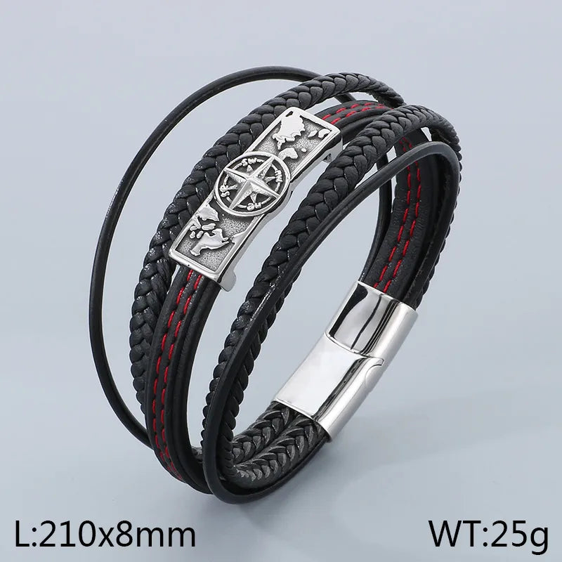 Men’s Leather Multi-Layer Bracelet with Compass & Map Stainless Steel Accent – 210mm