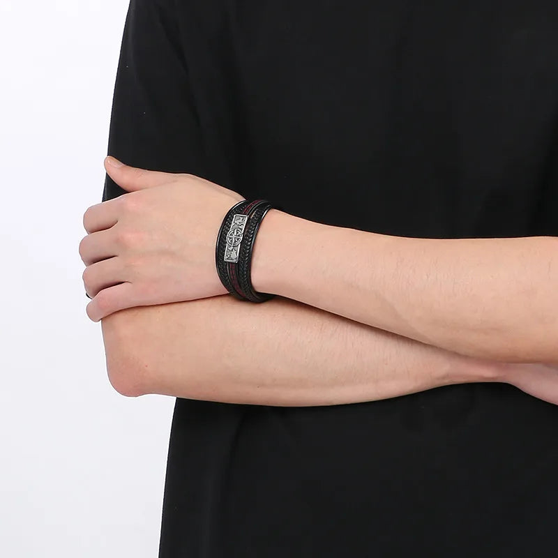 Men’s Leather Multi-Layer Bracelet with Compass & Map Stainless Steel Accent – 210mm
