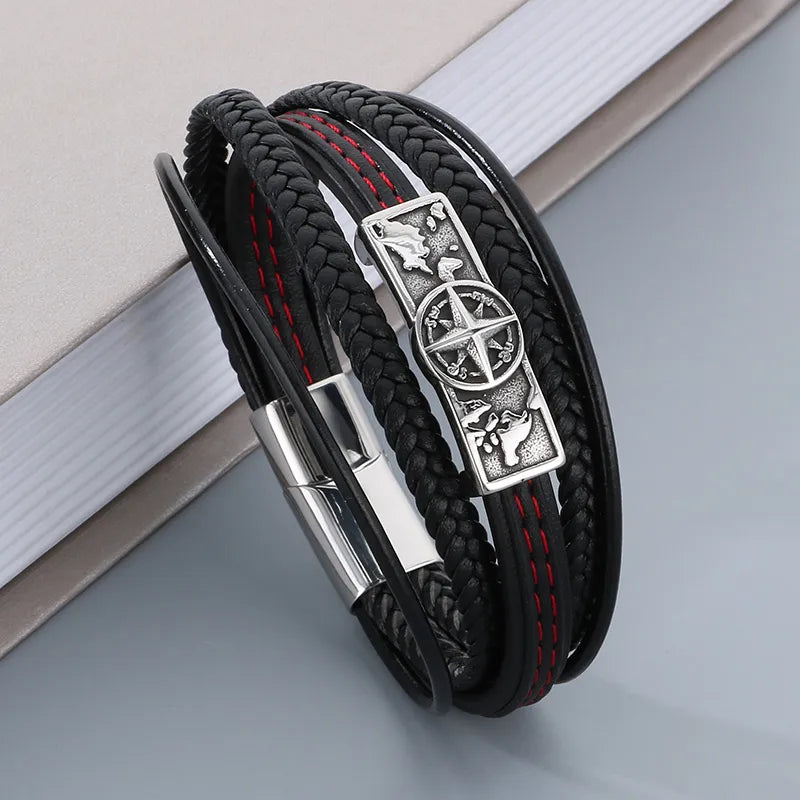 Men’s Leather Multi-Layer Bracelet with Compass & Map Stainless Steel Accent – 210mm