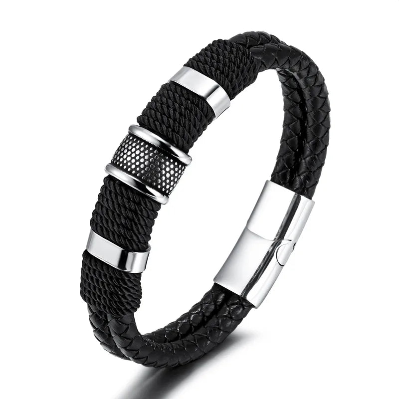 Men’s Black Rope & Braided Leather Bracelet with Stainless Steel Detailing – Magnetic Clasp