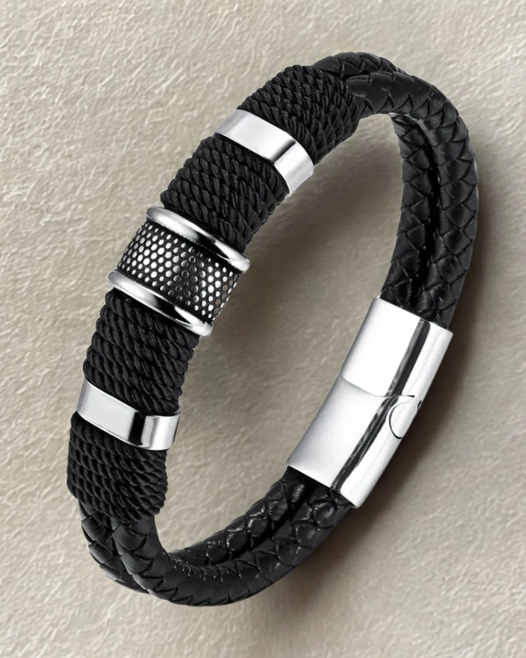 Men’s Black Rope & Braided Leather Bracelet with Stainless Steel Detailing – Magnetic Clasp