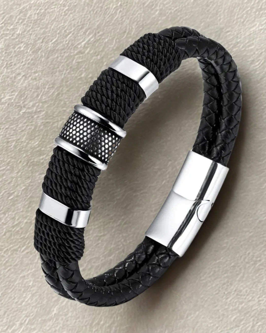Men’s Black Rope & Braided Leather Bracelet with Stainless Steel Detailing – Magnetic Clasp