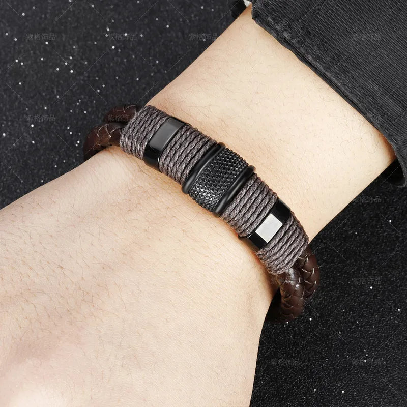 Men's Brown Braided Leather Rope Bracelet – Stainless Steel Retro Style