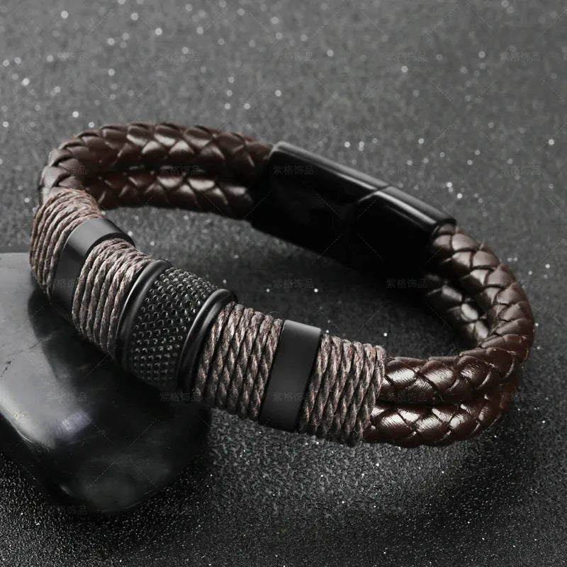 Men's Brown Braided Leather Rope Bracelet – Stainless Steel Retro Style