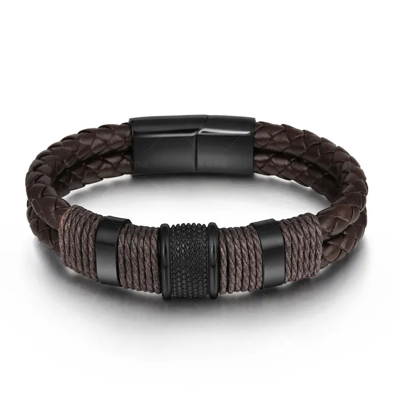 Men's Brown Braided Leather Rope Bracelet – Stainless Steel Retro Style