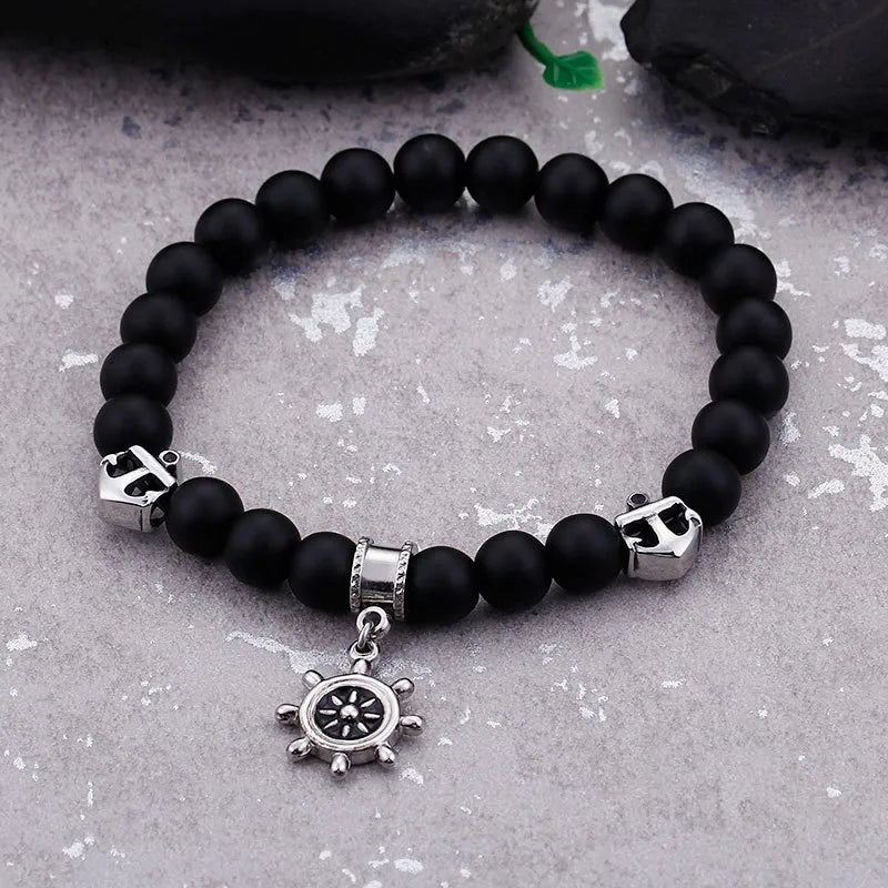 Matte Black Beaded Nautical Charm Bracelet for Men – Anchor & Wheel Accents
