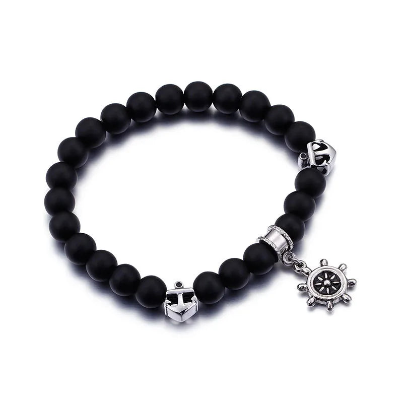 Matte Black Beaded Nautical Charm Bracelet for Men – Anchor & Wheel Accents