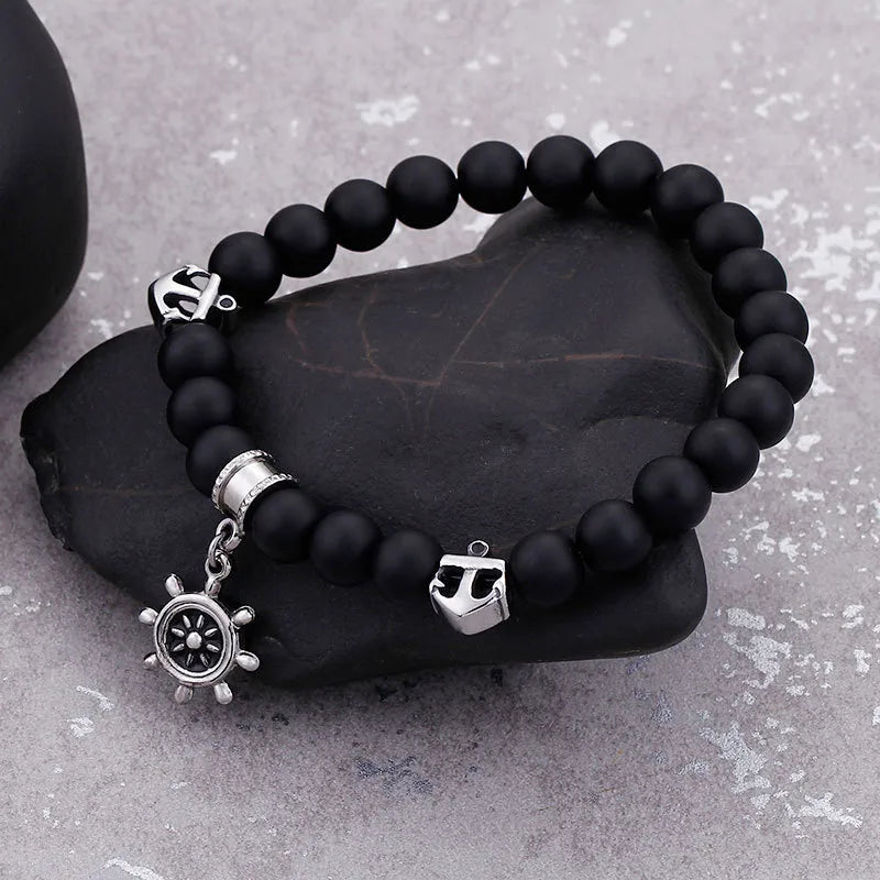 Matte Black Beaded Nautical Charm Bracelet for Men – Anchor & Wheel Accents