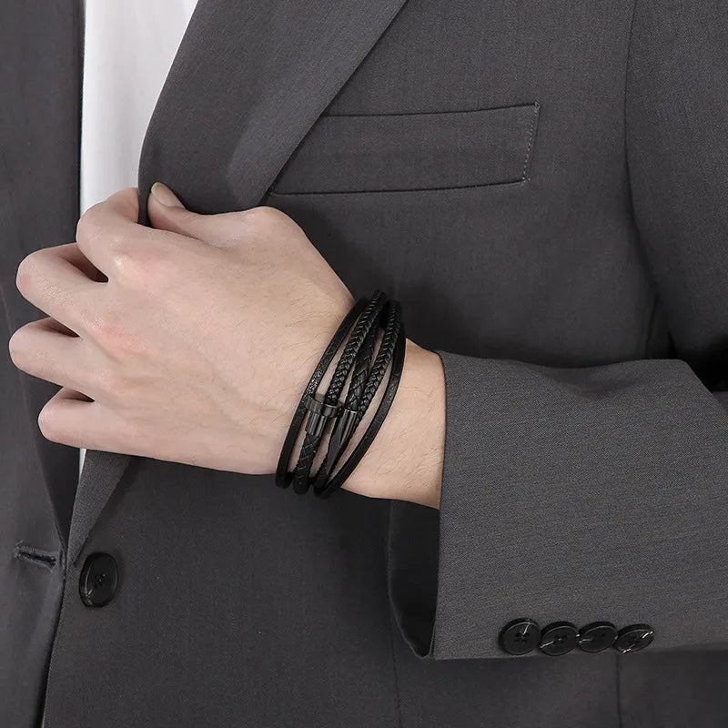 Men's Multi-Layer Black Leather Wrap Bracelet – Sleek Minimalist Style