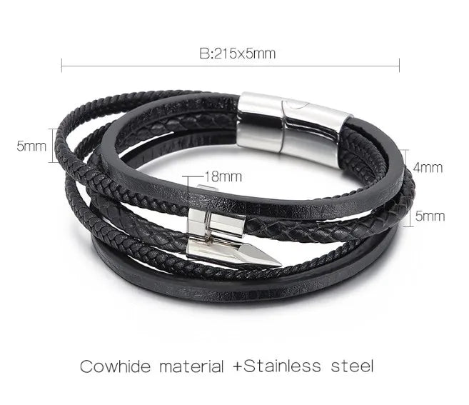 Men's Black Leather Bracelet with Stainless Steel & 18K Gold Plated Accents - Multi-Layer Magnetic Clasp