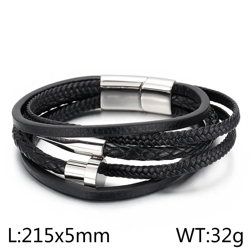 Men's Black Leather Bracelet with Stainless Steel & 18K Gold Plated Accents - Multi-Layer Magnetic Clasp