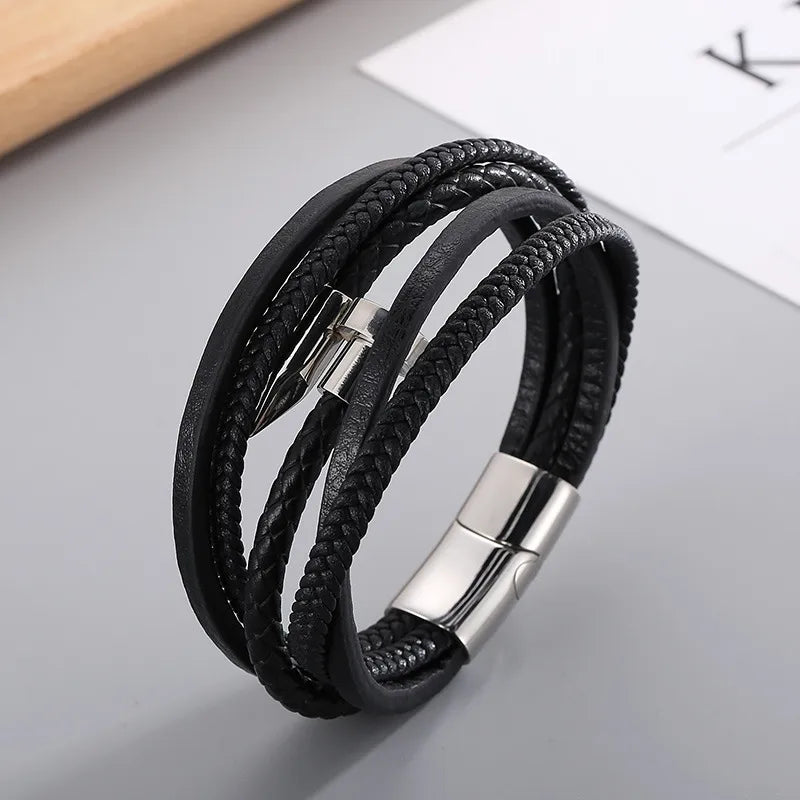Men's Black Leather Bracelet with Stainless Steel & 18K Gold Plated Accents - Multi-Layer Magnetic Clasp