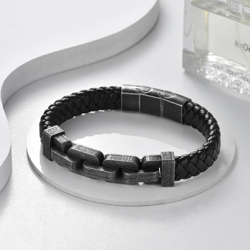 Men's Braided Leather Bracelet | Geometric Stainless Steel Links & Clasp