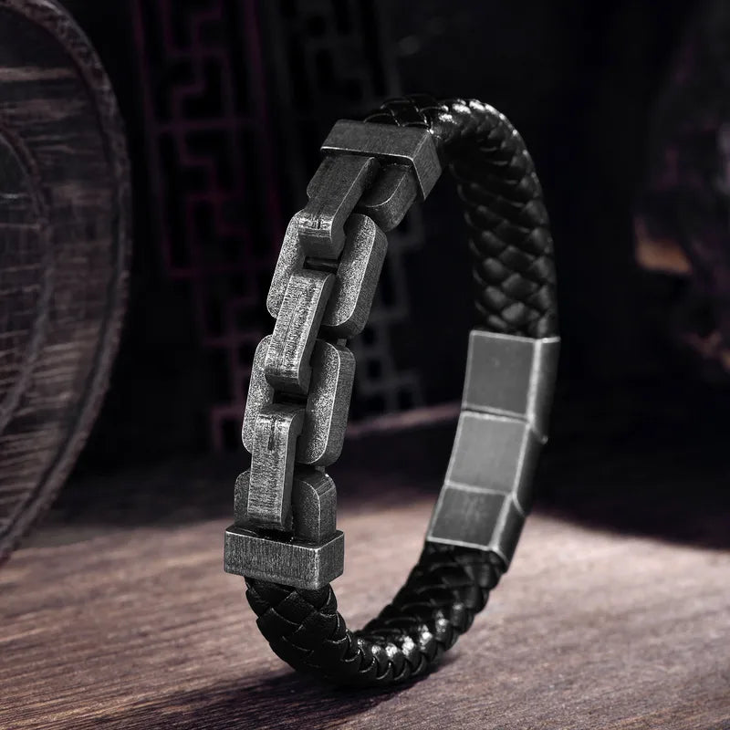 Men's Braided Leather Bracelet | Geometric Stainless Steel Links & Clasp