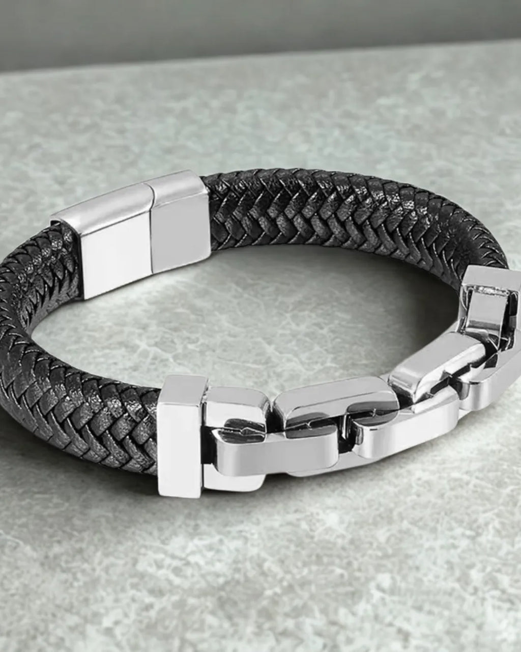 Men's Braided Leather & Stainless Steel Geometric Link Bracelet | Steel Color