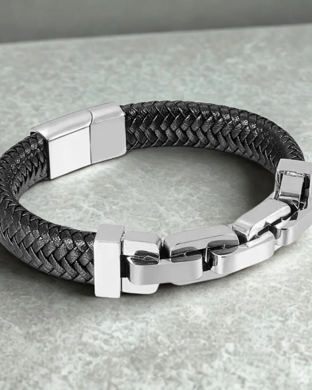 Men's Braided Leather & Stainless Steel Geometric Link Bracelet | Steel Color