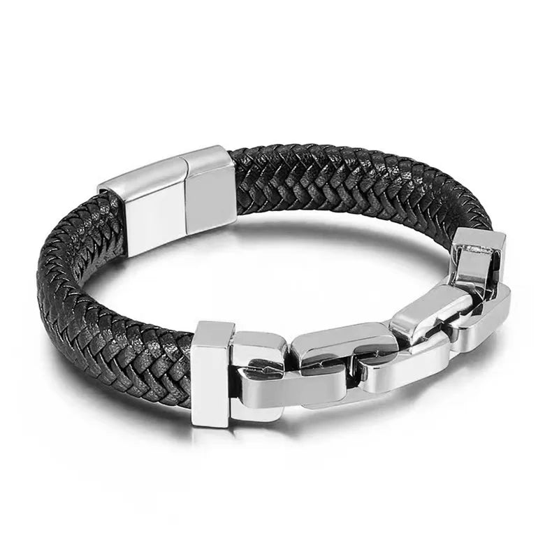 Men's Braided Leather & Stainless Steel Geometric Link Bracelet | Steel Color