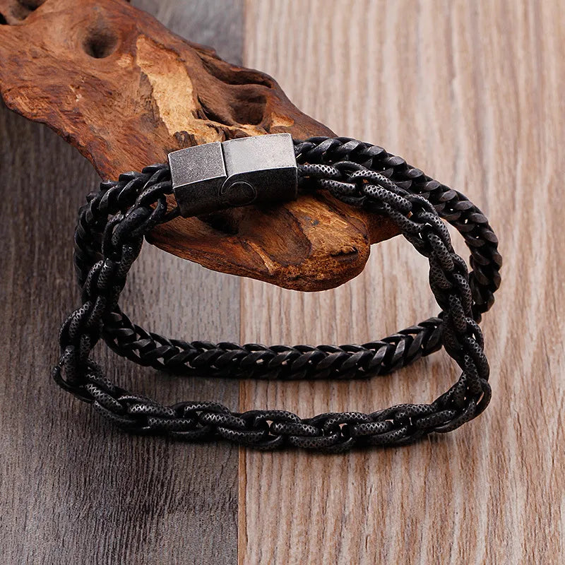 Men's Black Titanium Steel Braided Chain Bracelet | Hip-Hop Retro Style