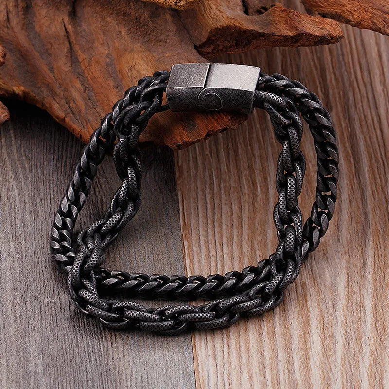 Men's Black Titanium Steel Braided Chain Bracelet | Hip-Hop Retro Style