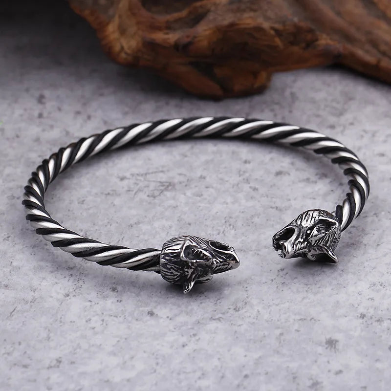 Viking Wolf Head Twisted Bangle - Men's Stainless Steel Norse Mythology Bracelet