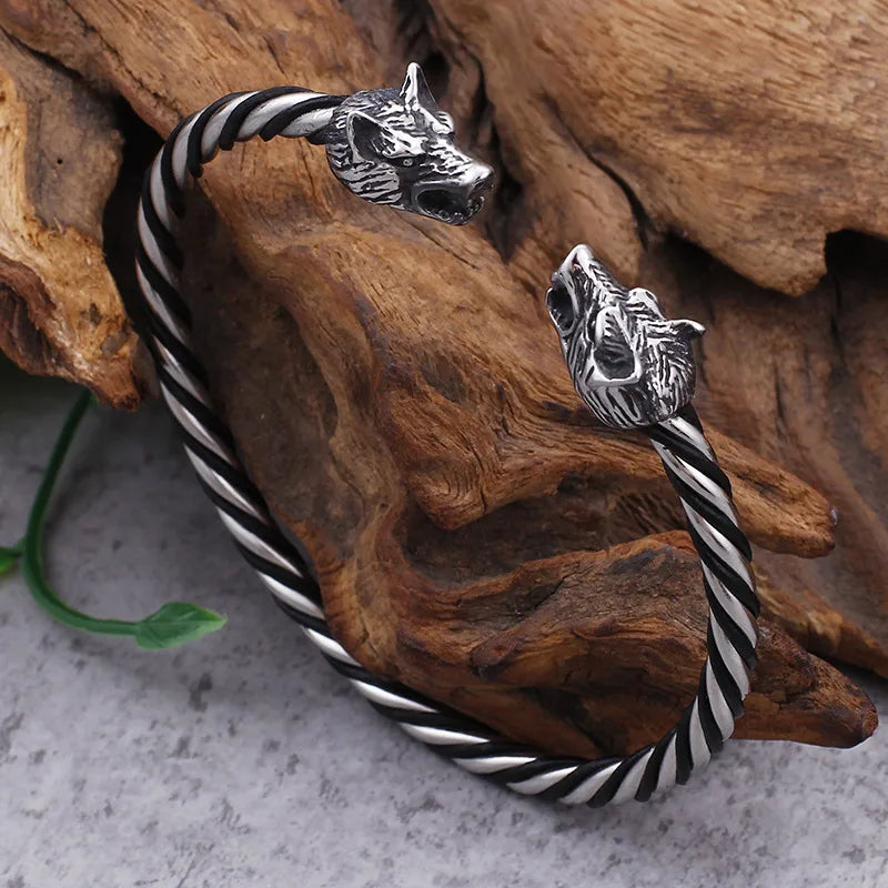 Viking Wolf Head Twisted Bangle - Men's Stainless Steel Norse Mythology Bracelet