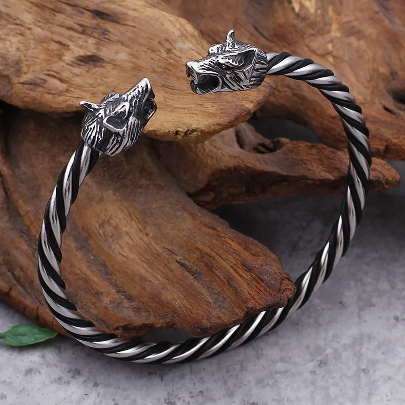 Viking Wolf Head Twisted Bangle - Men's Stainless Steel Norse Mythology Bracelet