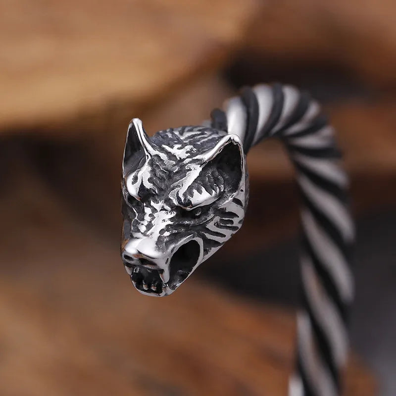 Viking Wolf Head Twisted Bangle - Men's Stainless Steel Norse Mythology Bracelet