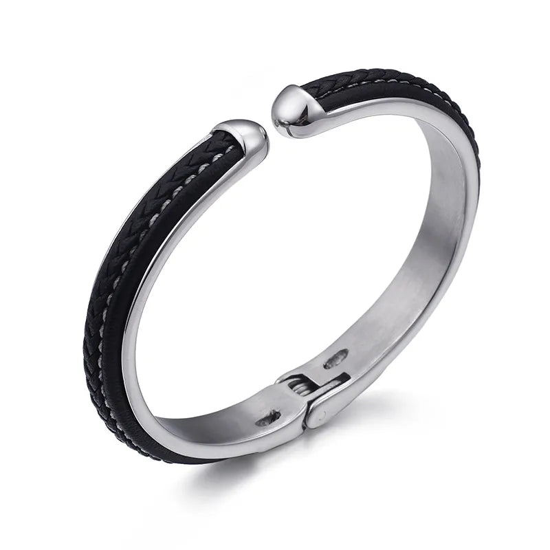 Men's Stainless Steel & Braided Black Leather Cuff Bangle Bracelet with Secure Clasp