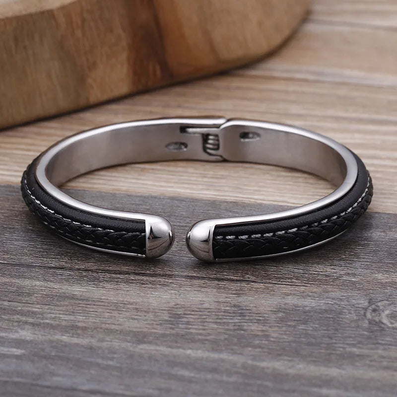 Men's Stainless Steel & Braided Black Leather Cuff Bangle Bracelet with Secure Clasp