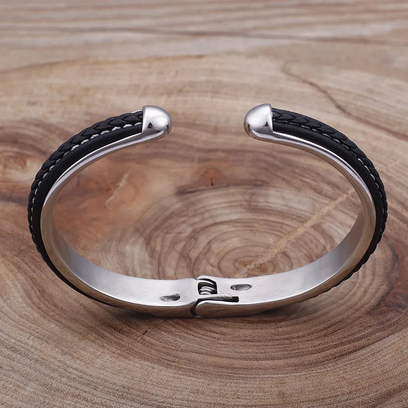 Men's Stainless Steel & Braided Black Leather Cuff Bangle Bracelet with Secure Clasp