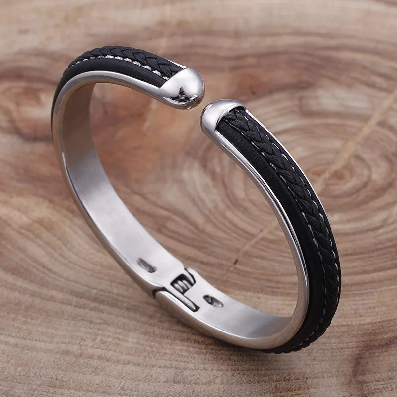 Men's Stainless Steel & Braided Black Leather Cuff Bangle Bracelet with Secure Clasp