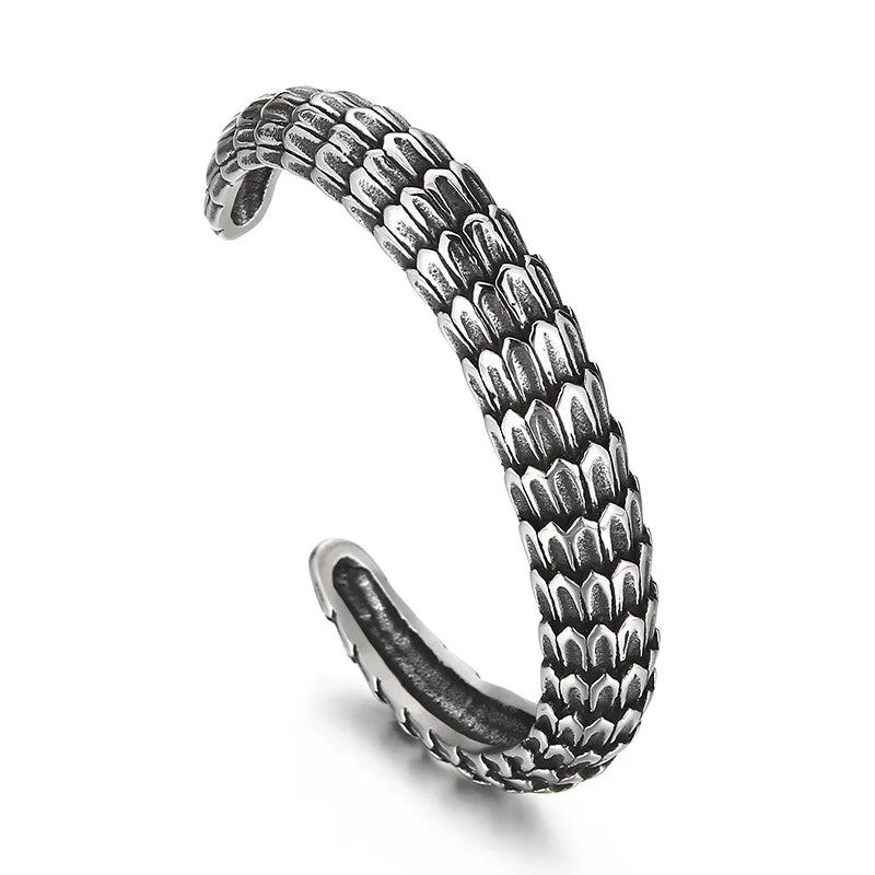 Men's Dragon Scale Titanium Steel Cuff Bangle - Punk Rock Adjustable Statement Bracelet