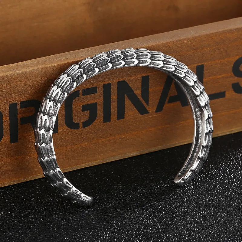 Men's Dragon Scale Titanium Steel Cuff Bangle - Punk Rock Adjustable Statement Bracelet