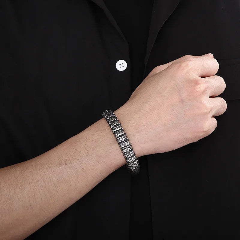 Men's Dragon Scale Titanium Steel Cuff Bangle - Punk Rock Adjustable Statement Bracelet
