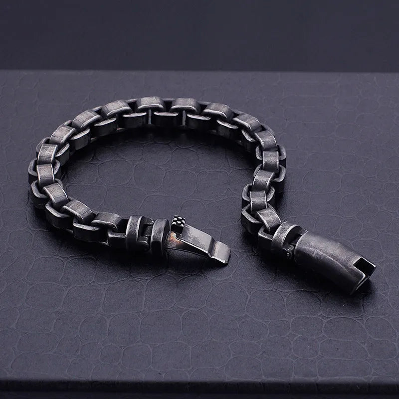 Men's Retro Titanium Steel Box Chain Bracelet - Distressed Black Industrial Link with Hidden Clasp 22cm