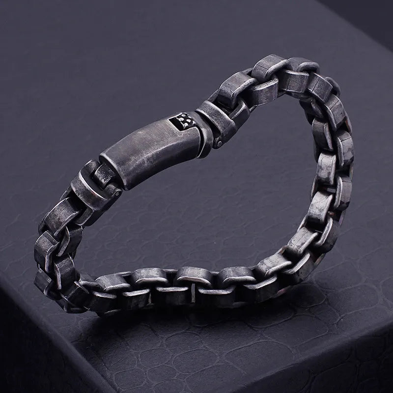 Men's Retro Titanium Steel Box Chain Bracelet - Distressed Black Industrial Link with Hidden Clasp 22cm