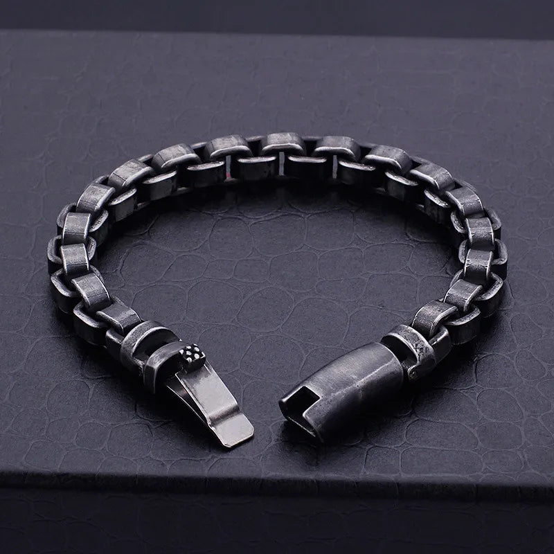 Men's Retro Titanium Steel Box Chain Bracelet - Distressed Black Industrial Link with Hidden Clasp 22cm