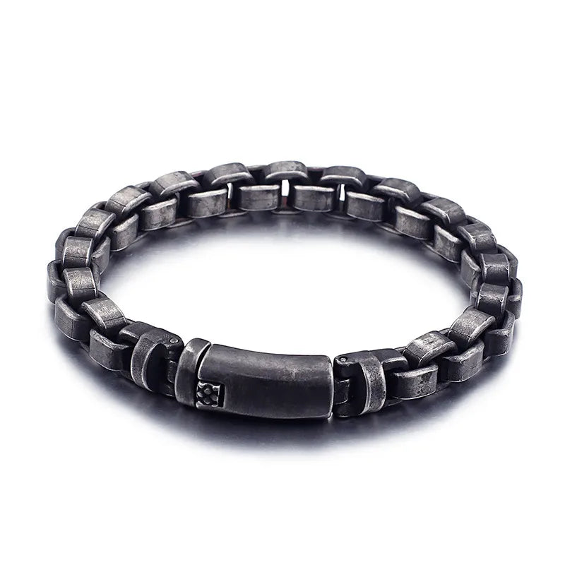 Men's Retro Titanium Steel Box Chain Bracelet - Distressed Black Industrial Link with Hidden Clasp 22cm