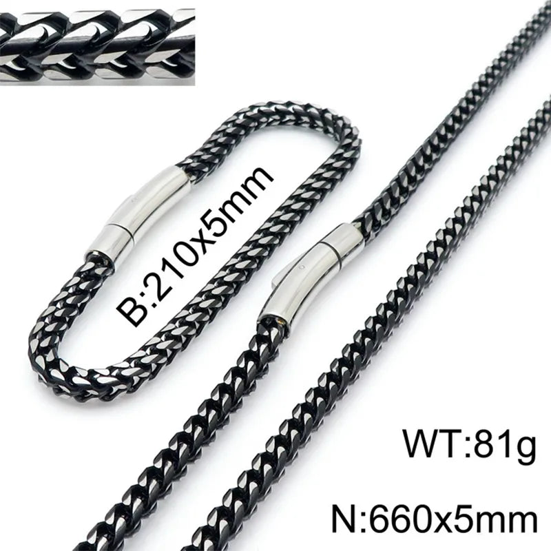 Men's Franco Chain Necklace & Bracelet Set - Blackened Stainless Steel Hip Hop & Vintage Style Jewelry