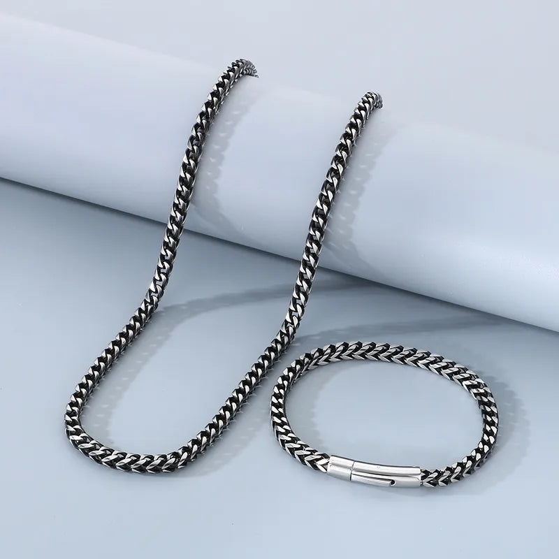 Men's Franco Chain Necklace & Bracelet Set - Blackened Stainless Steel Hip Hop & Vintage Style Jewelry