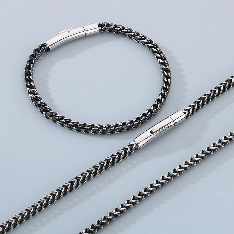 Men's Franco Chain Necklace & Bracelet Set - Blackened Stainless Steel Hip Hop & Vintage Style Jewelry