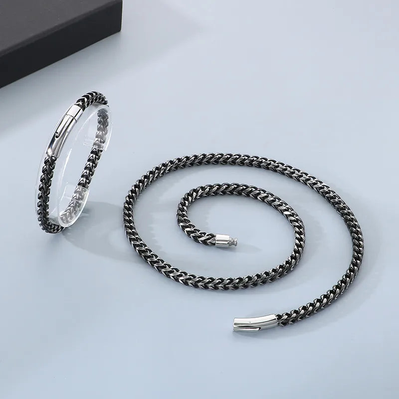 Men's Franco Chain Necklace & Bracelet Set - Blackened Stainless Steel Hip Hop & Vintage Style Jewelry