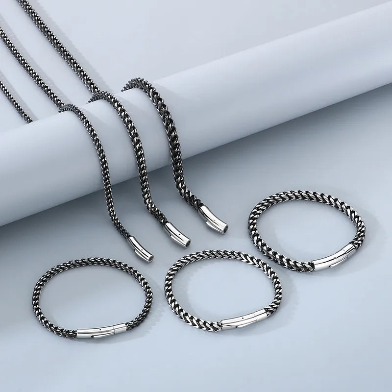 Men's Franco Chain Necklace & Bracelet Set - Blackened Stainless Steel Hip Hop & Vintage Style Jewelry
