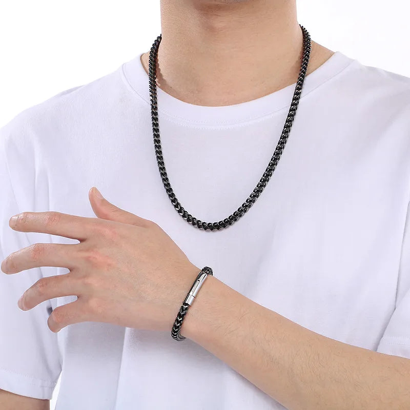 Men's Franco Chain Necklace & Bracelet Set - Blackened Stainless Steel Hip Hop & Vintage Style Jewelry