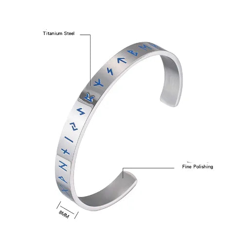 Silver Rune Engraved Titanium Steel Bangle – Nordic Geometric Cuff for Men