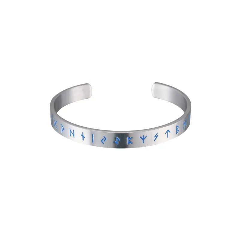 Silver Rune Engraved Titanium Steel Bangle – Nordic Geometric Cuff for Men