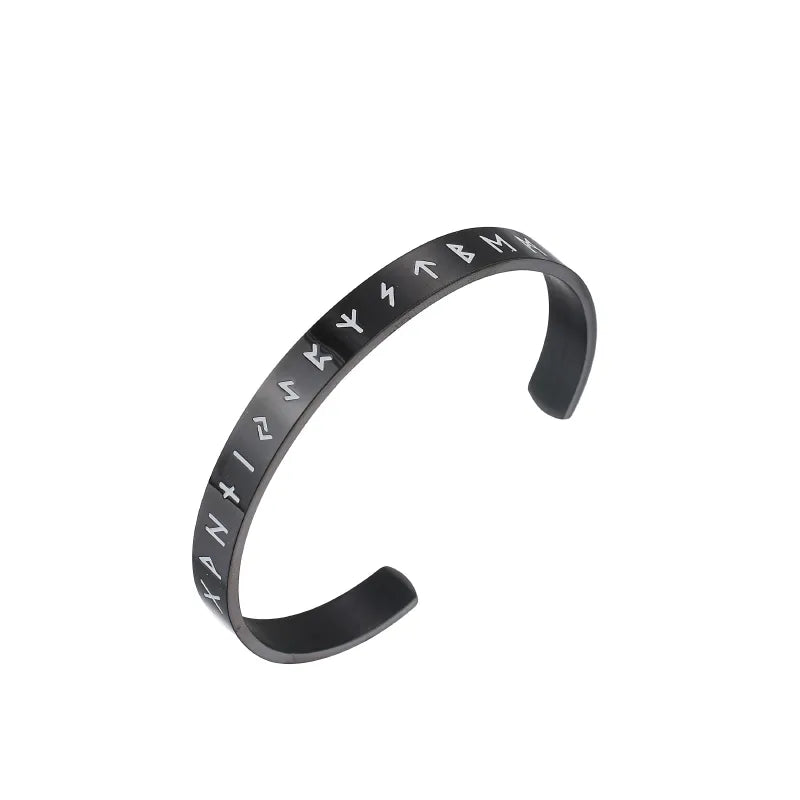 Black Rune Engraved 304 Stainless Steel Bangle – Men's Norse-Inspired Cuff Bracelet