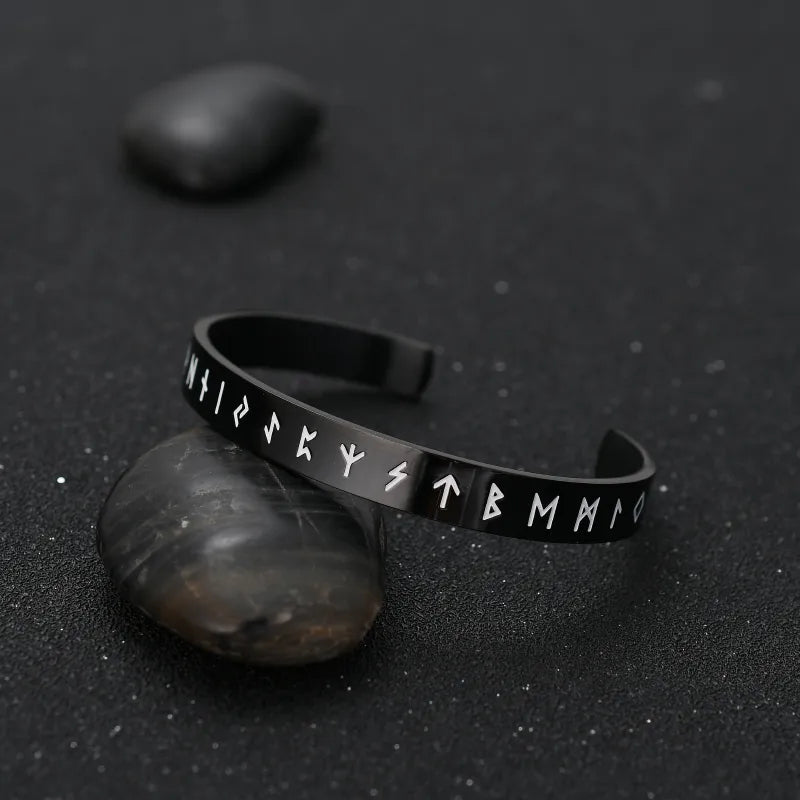 Black Rune Engraved 304 Stainless Steel Bangle – Men's Norse-Inspired Cuff Bracelet